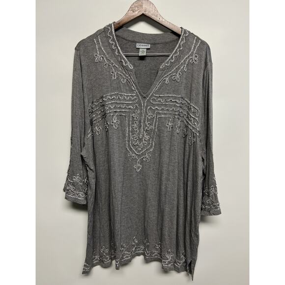 Catherine’s Gray Tunic Top 3X 26/28 Silver Embroidered Appliqué Boho Hippie - Picture 1 of 13